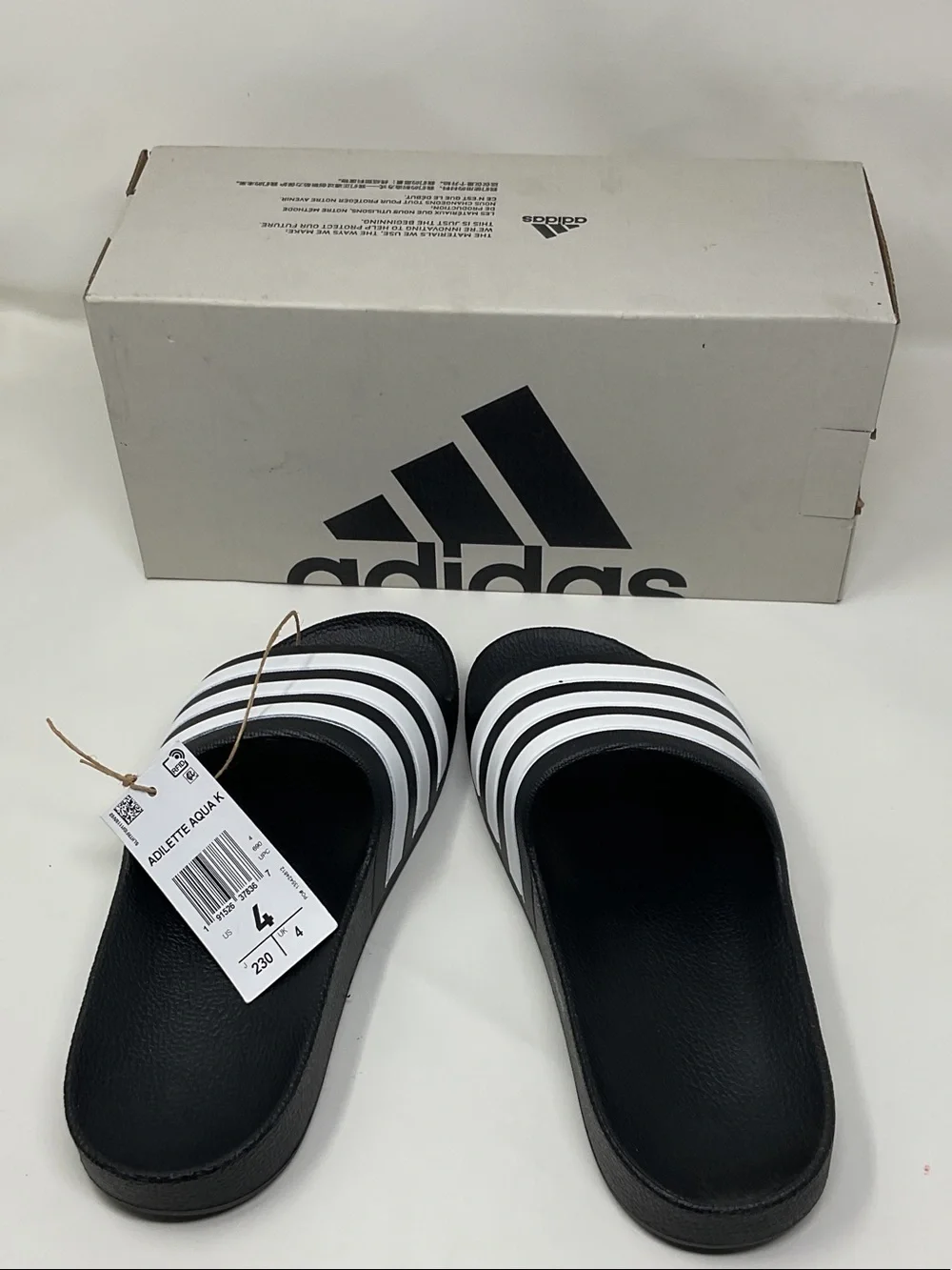 Kids size 4 adidas Black and White Adilette Aqua Slide Sandals NEW